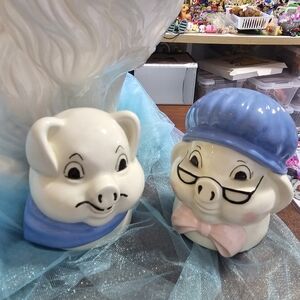 Charming Pig Figurines with Blue Accents